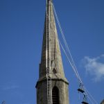 A view of the spire near completion of the work, lime pointing, stabilisation, copper cramps, Scotland