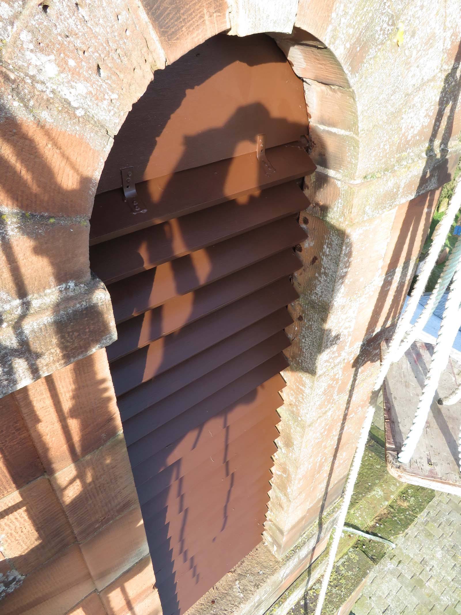 Sapele hardwood louvres installed on a Dumfriesshire church steeple