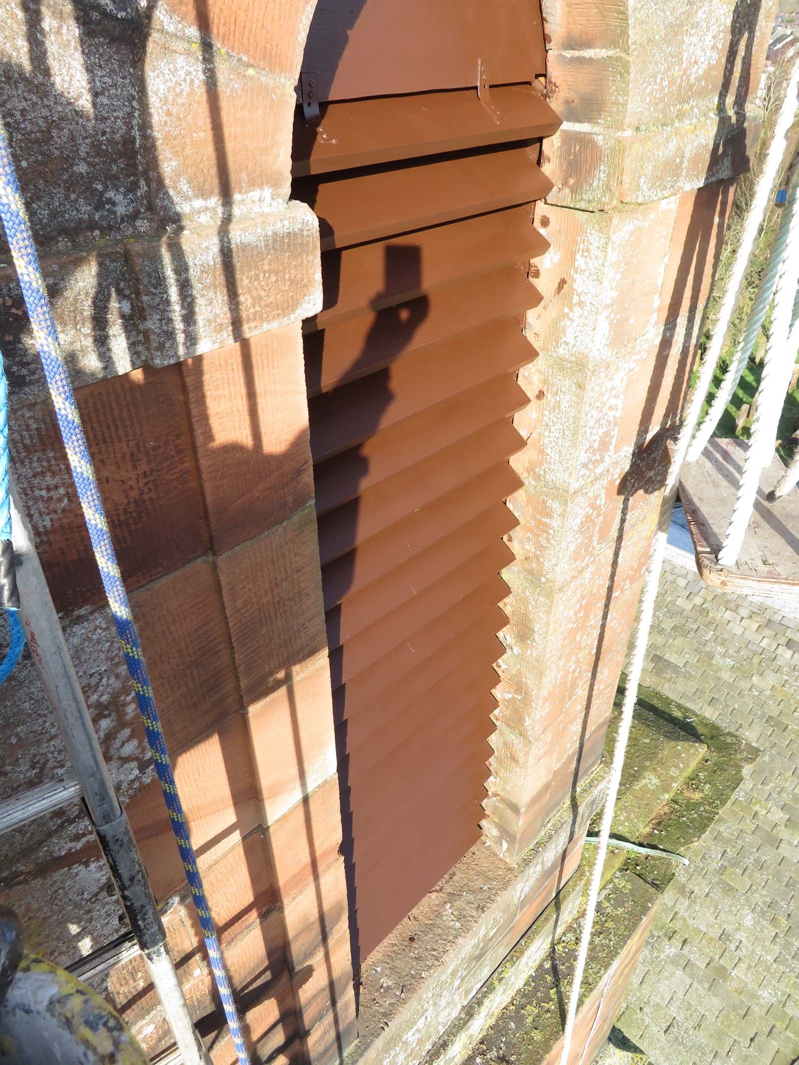 Sapele hardwood louvres installed on a Dumfriesshire church steeple