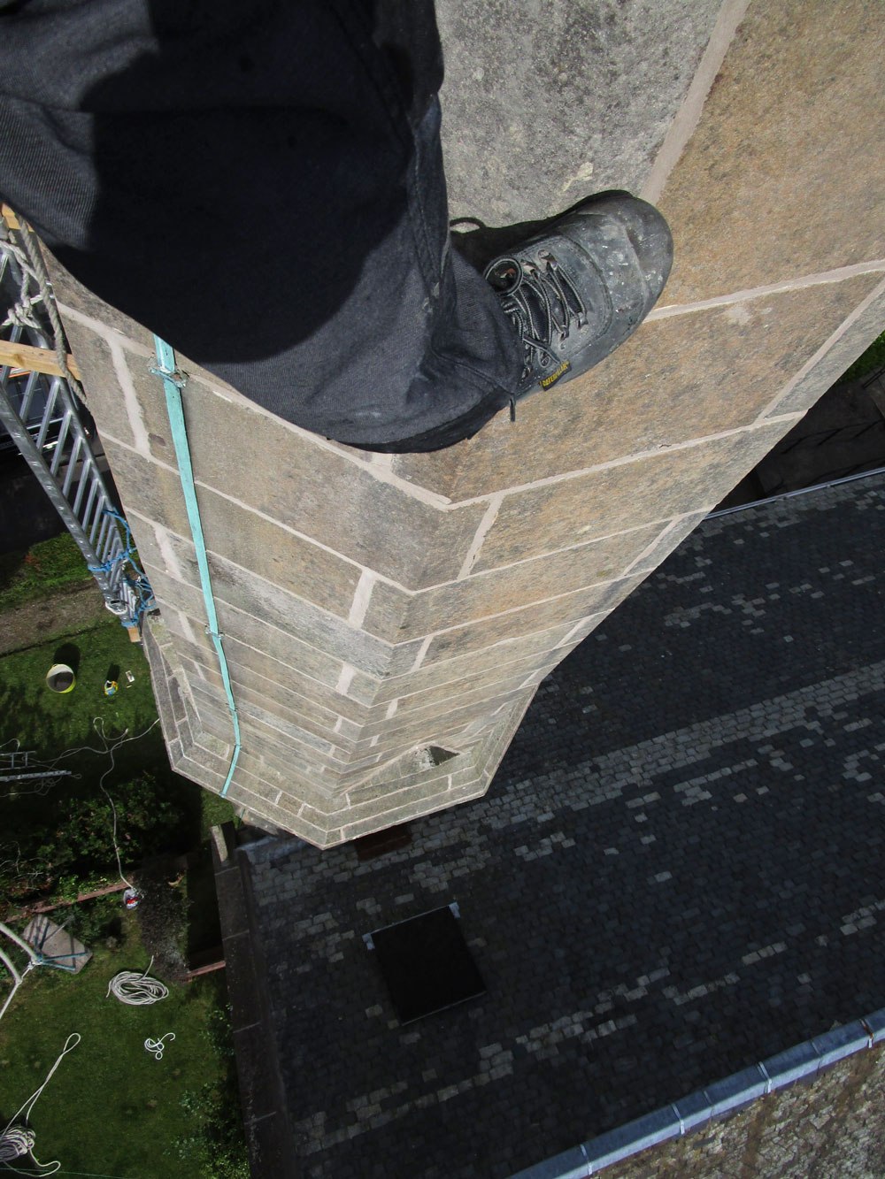 Looking down the spire on the new lime pointing work